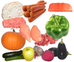 kalafior, marchewka, marchew, �oso�, filet z �ososia norweskiego, ryba, mi�so mielone, wieprzowe, wo�owina, pier� z kurczaka, papryka s�odka zielona, dynia, cukinia, jab�ko, burak czerwony, bak�a�an