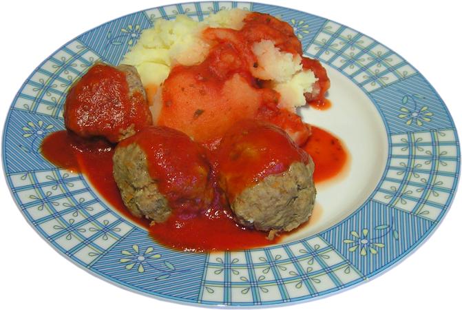 pulpety wieprzowo-woowe z selerem marchewk i pietruszk w sosie pomidorowym i ubijanymi ziemniakami gotowane na parze