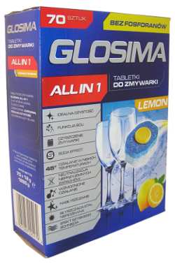 tabletki do zmywarki, glosima all in 1, bez fosforan�w, tabletki do zmywarki z biedronki, 70 szt., all in 1 o zapachu cytrynowym, glosima, pude�ko z tabletkami do zmywarki z biedronki