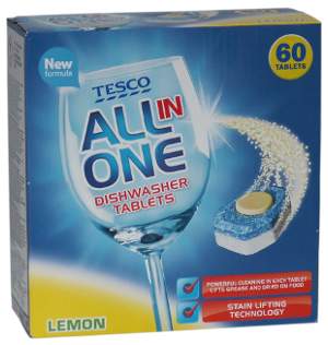 opakowanie tabletek do zmywarek tesco all in one lemon 60 tabletek, kartonowe opakowanie, tesco, all in one, lemon, tabletka do zmywarki, kieliszek do wina