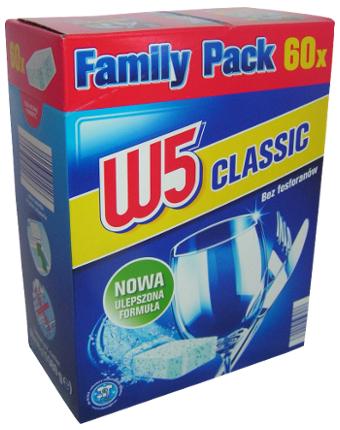 w5 classic, tabletki do zmywarki, family pack 60x, bez fosforan�w, nowa ulepszona formu�a, kieliszek do wina, sztu�ce, widelec, n�, w5